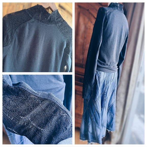 Free People Lace & Knit Mock Neck Tee XL NWT Black Long Sleeve - Picture 10 of 16